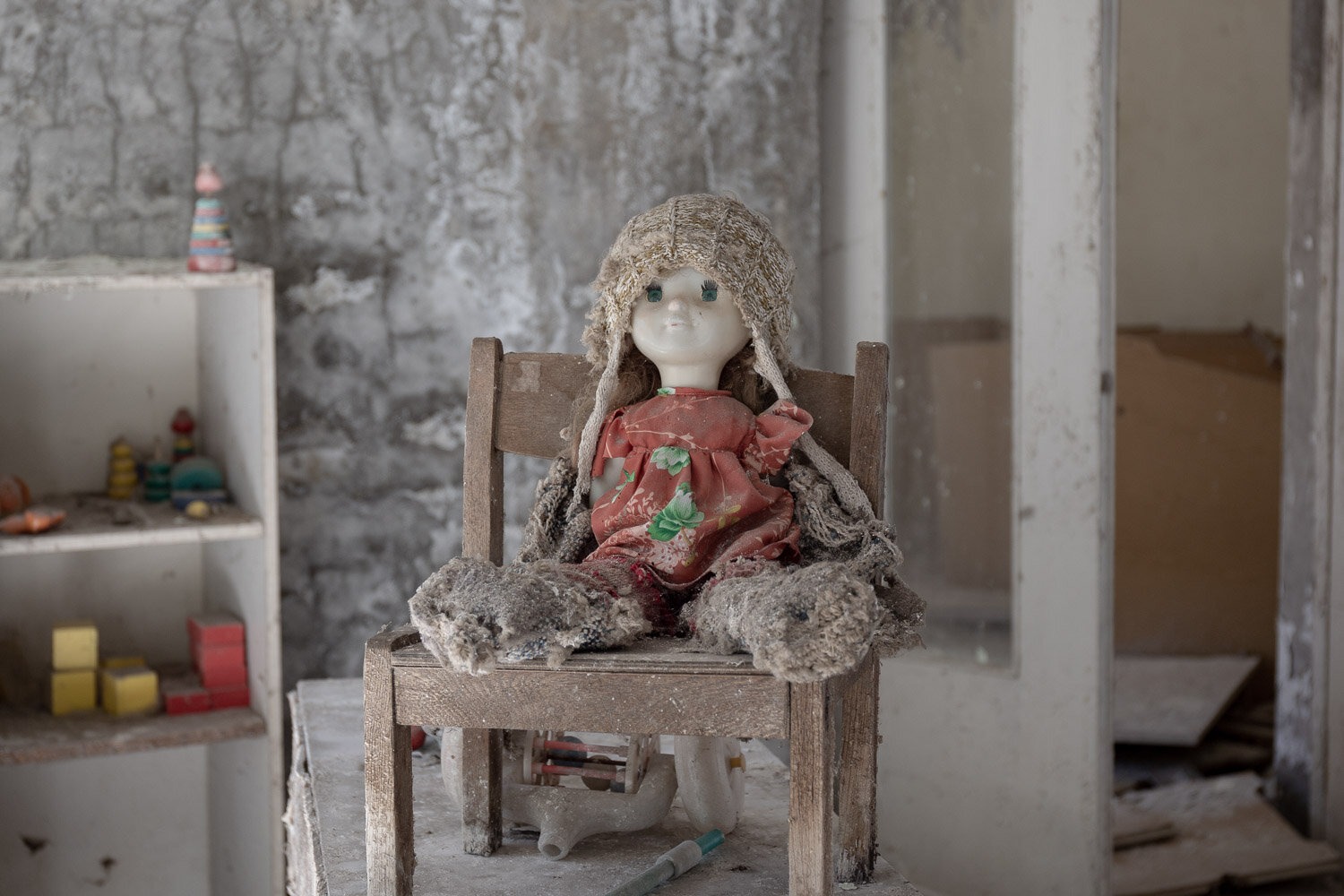 Stuffed plush toys and dolls, Cheburashka on a shelf in a closet in a  destroyed kindergarten in Pripyat, in the Chernobyl exclusion zone, Ukraine  Stock Photo - Alamy