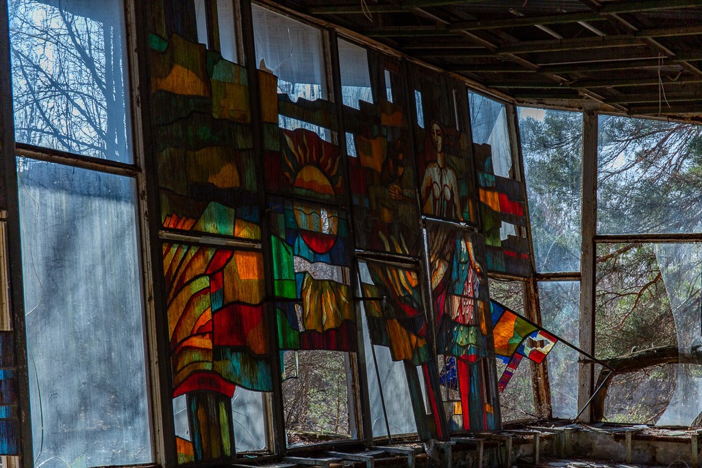 Large picture window with stained glass design
