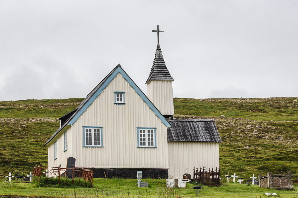 Blue and white church the oldest church in east Iceland